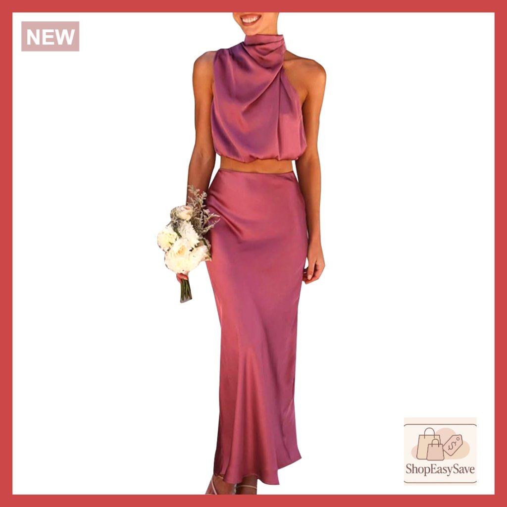 Satin Two-Piece Set Sleeveless Mock Neck Crop Top Long Skirt Elegant Party